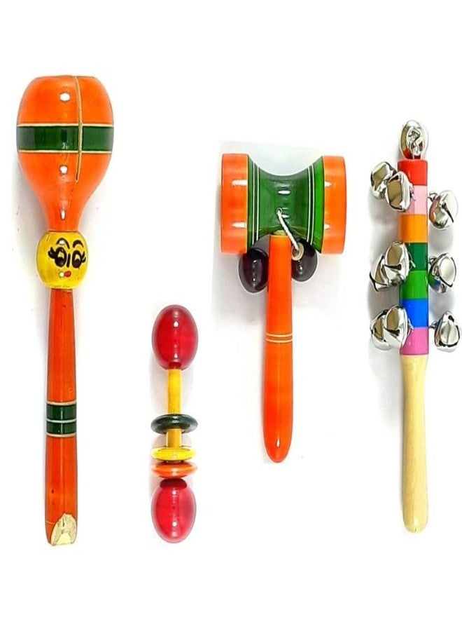 Little Mind Colourful Wooden Baby Rattle Toy - Hand Crafted Rattle Set for Kids - Musical Toy for Newly Born - Pack of 4 - Image 1
